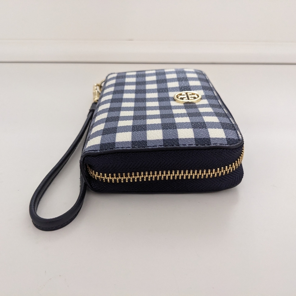 Tory Burch Navy and White Gingham Wristlet Wallet - Picture 3 of 14